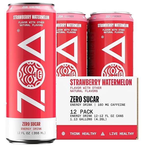 ZOA ZERO SUGAR ENERGY DRINKS – STRAWBERRY WATERMELON | HEALTHY ENERGY FORMULA WITH NATURAL CAFFEINE, DAILY VITAMIN C, ESSENTIAL B-VITAMINS | GLUTEN-FREE, KETO FRIENDLY | 12 OUNCE CANS (PACK OF 12)
