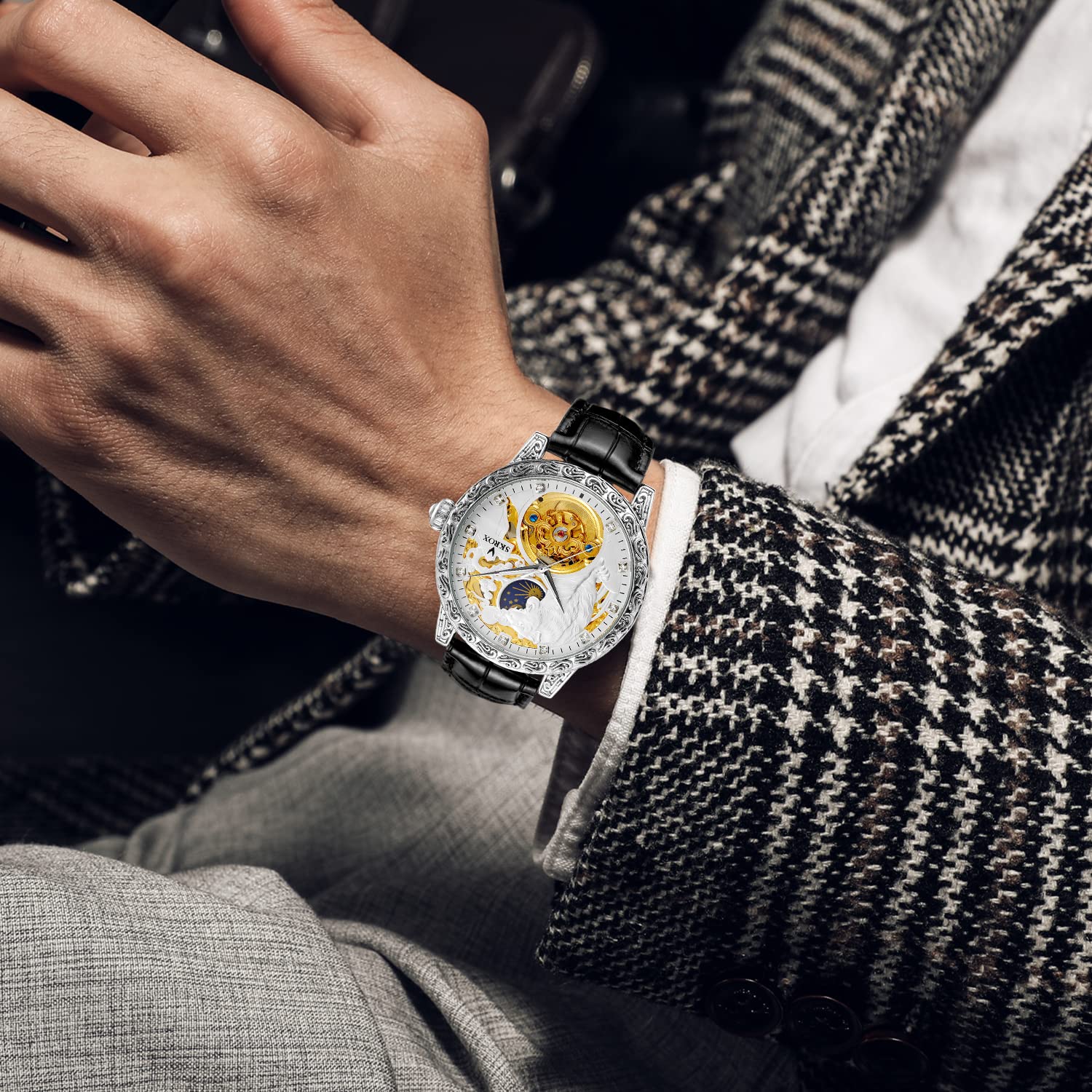 FORSINING Herrenuhren Luxus Skelett Mondphase Automatik Selbstaufzug Uhren mit echtem Lederband, weiß / schwarz, Armband