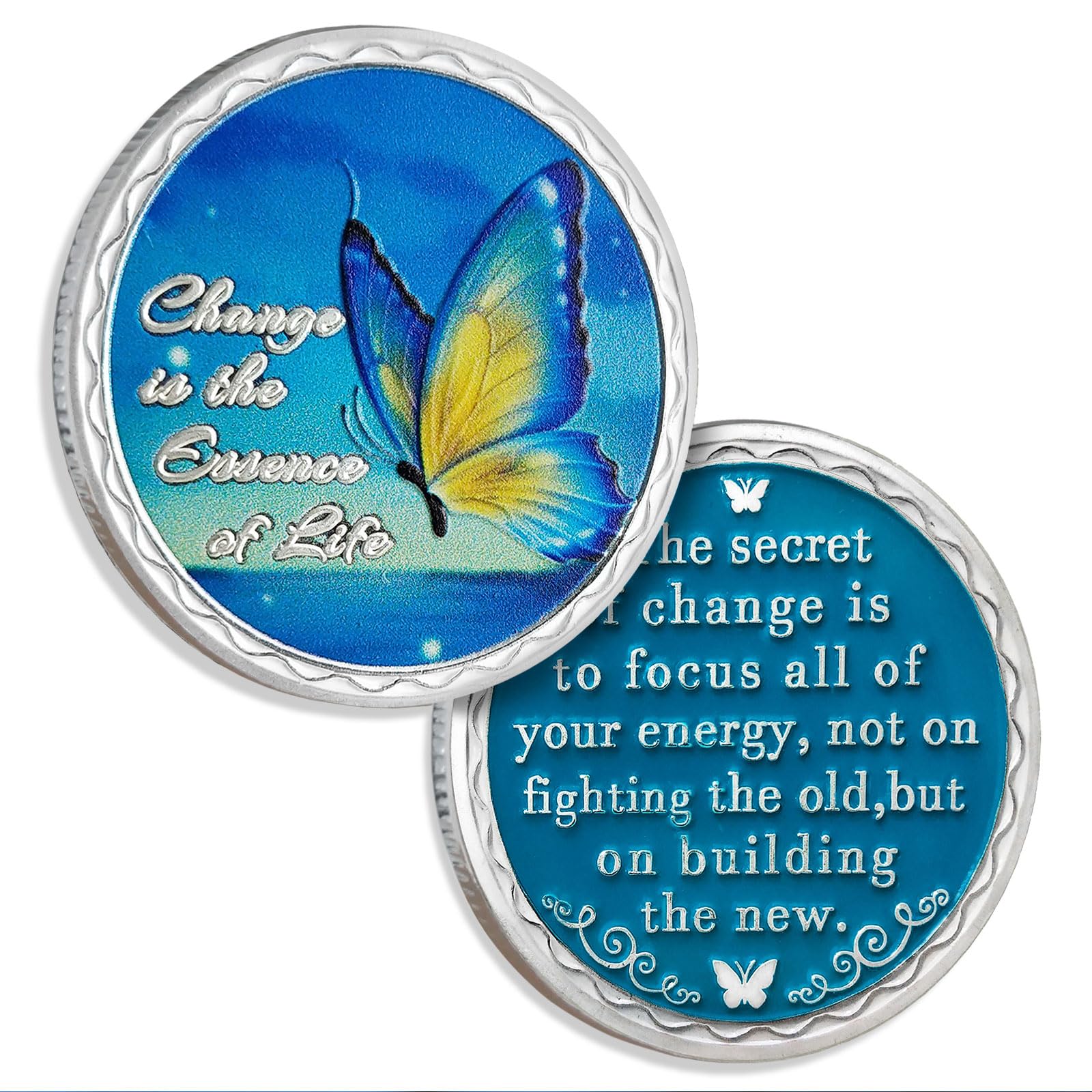 Blue Butterfly Sobriety Coin - The Secret of Change NA AA Coin, Sliver Recovery Coin with Serenity Prayer, Clean Living Sobriety Gifts for Women & Men