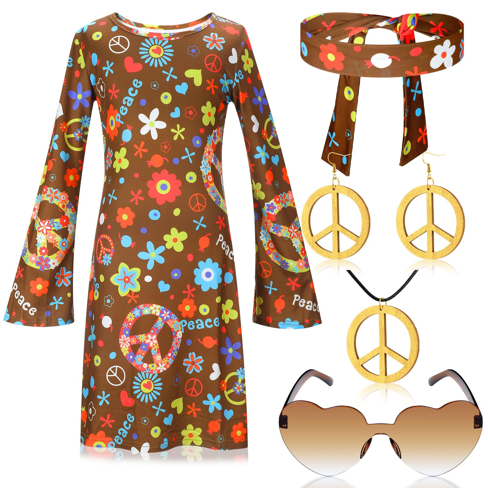 Photo 1 of Heentan 6 Pcs 60s 70s Outfits for Kids Hippie Costume Set Boho Dress Hippie Outfits Accessories Set (Funny Style,Large)