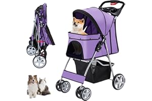 Unisakey 4 Wheels Pet Stroller for Small Medium Dogs Cats 10-33 lbs, Foldable Dog and Cat Stroller with Cup Holder & Storage Basket & Breathable Mesh, Pet Strolling Cart for All-Season, Purple