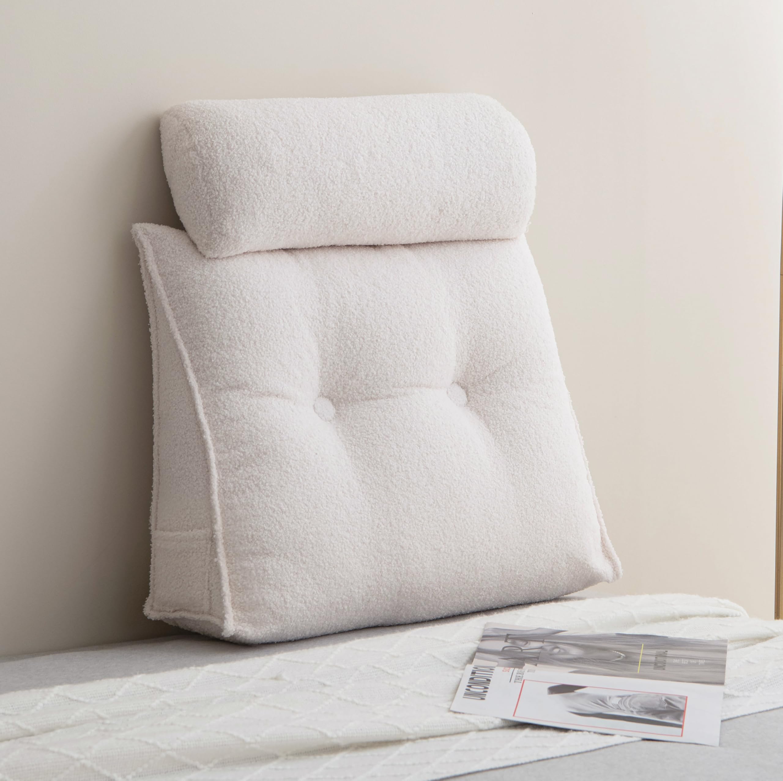 Photo 1 of SRXBYWS Triangular Headboard Pillow Small Bed Wedge Pillow with Neck Roll Pillow Two Large Side Pockets with Removable Cover for Bed Rest Reading Pillow Bed Wedge Pillow,Teddy Velvet,Beige