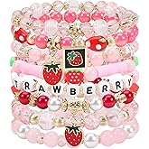 Dreuyet 8 Pcs Strawberry Bracelets Set for Women Stackable Heishi Beaded Stretch Fruit Bracelets Red Pink Multilayer Strawberry Friendship Charm Bracelet Halloween Jewelry Accessories