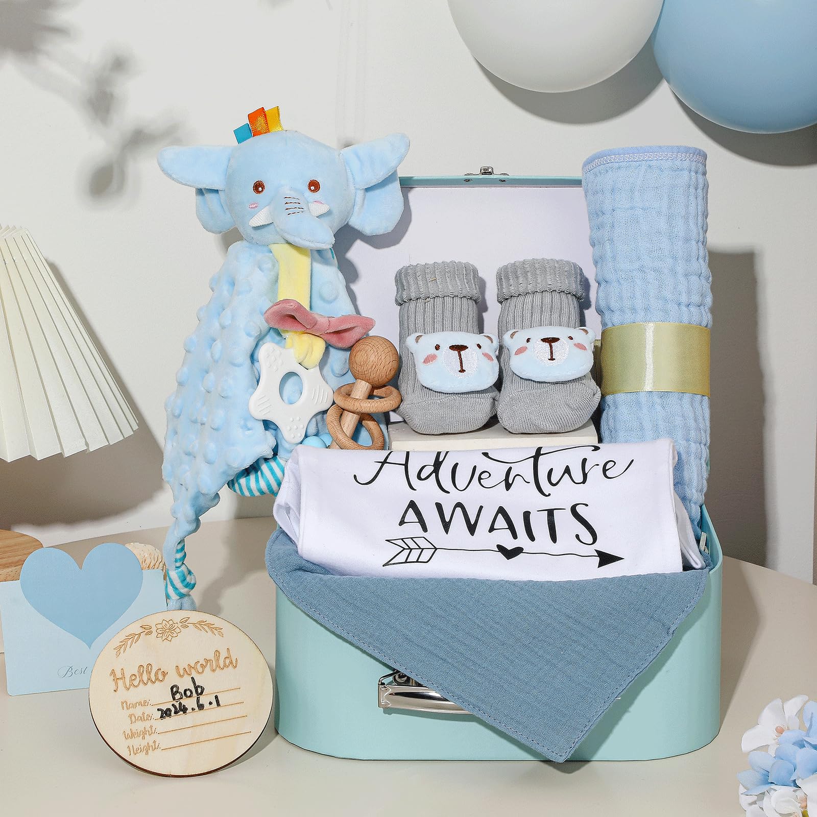 Baby Gift Set Baby Shower Gifts Basket for Newborns New Born Baby Boy Gift Set Blue Baby Gift Basket with Baby Rattle Muslin Towel Security Blanket Gender Reveal Gifts for Baby Girls Boys