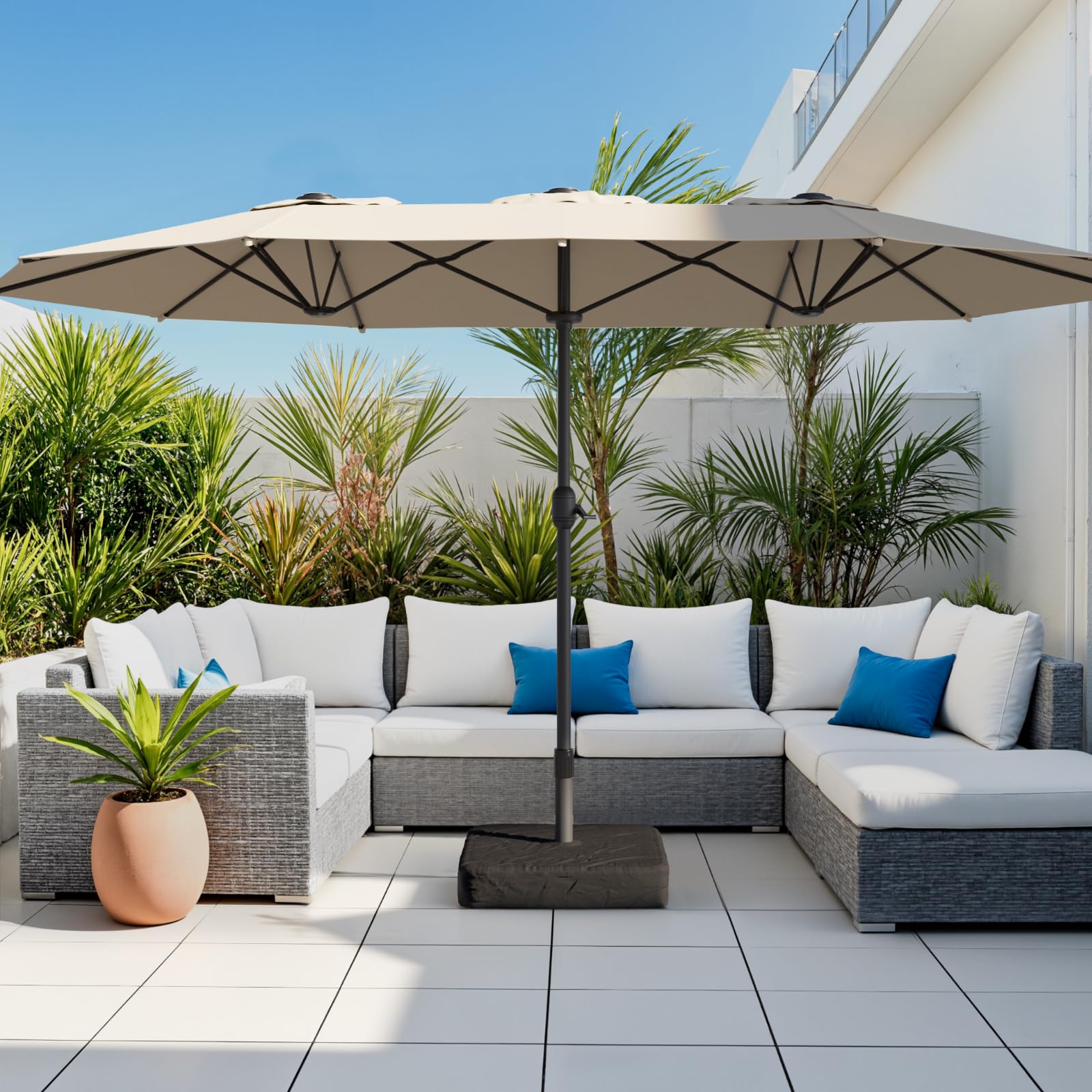 Photo 1 of 15ft Large Patio Umbrellas with Base Included, Double Sided Outdoor Umbrella, Market Umbrellas with Crank Handle, Backyard Umbrela for Deck, Garden, Pool (With Base)