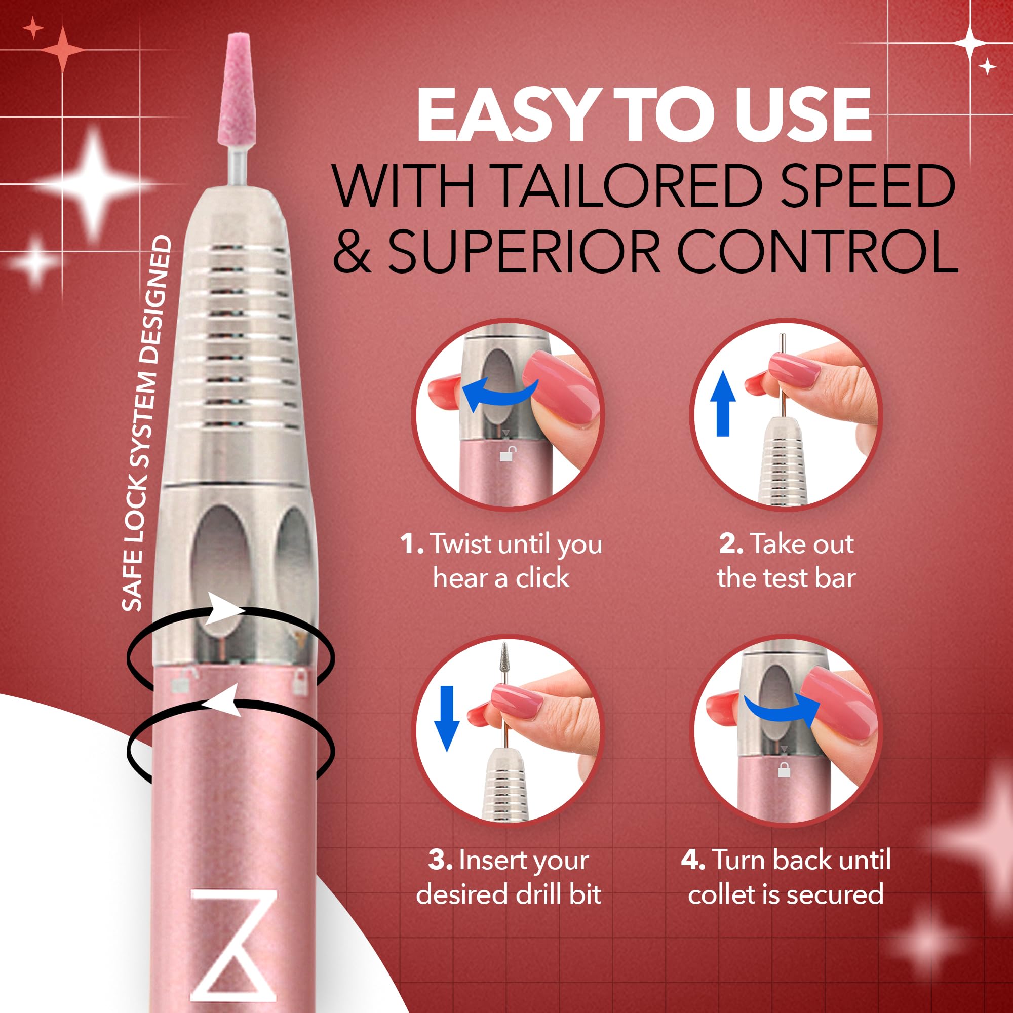 M Max - Nail Drill Professional - 2-in-1 Brushless Motor Nails Drill Machine - Electric, Cordless, Aluminium Alloy Casing, 35000 RPM, HD Display - Perfect for Salon & Home Use (Rose Gold) - Image 6