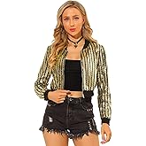 Allegra K Women's Sequin Long Sleeve Shiny Party Zip-Up Bomber Cropped Jacket