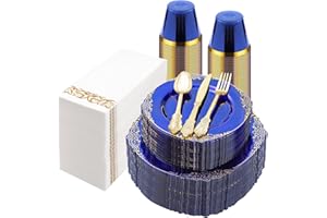 Bestluck 350PCS Clear Blue Plastic Plates for 50 Guests, Disposable Plates with Gold Trim include 50 Dinner and Dessert Plates, 150 Gold Silverware, 50 Cups, 50 Napkins for Party, Wedding & Graduation