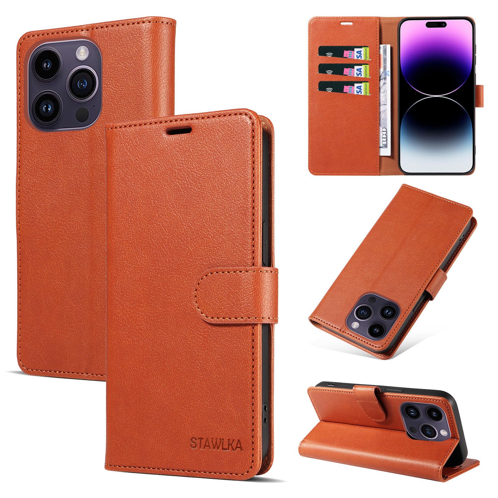 STAWLKA Case for iPhone 14 Pro Max, Premium PU Leather Flip Magnetic Buckle Wallet Case Kickstand Blocking RFID Shockproof Protective Phone Cover for iPhone 14 Pro Max - Brown