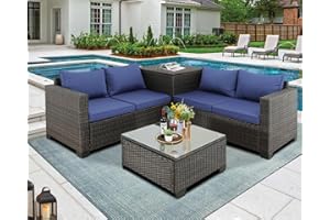 Furnimy Outdoor PE Wicker Patio Furniture Set Rattan Sectional Loveseat Couch Set Conversation Sofa with Storage Box Glass Top Table for Balcony Lawn and Garden (Brown-Navy, Couch Set)