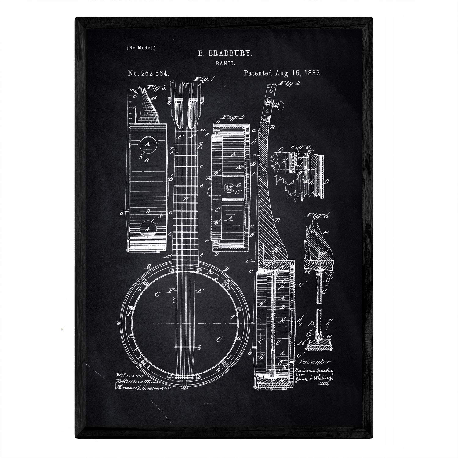 Nacnic Poster patent Banjo. Sheet with old design patent A3 size with black background