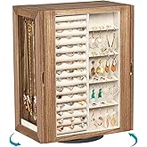 Emfogo 360° Rotating Jewelry Box for Women, Rustic Wooden Jewelry Organizer Box with 5 Drawers, Glass Doors, Vertical Open Design Jewelry Storage Case Display for Earrings Rings Necklaces Bracelets