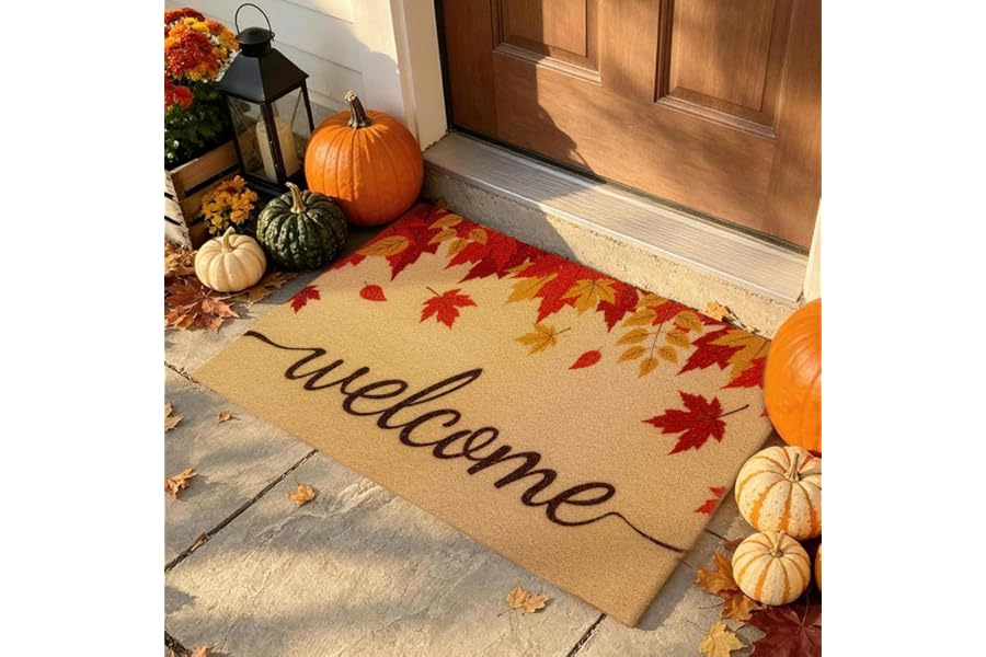 PKFEDR Fall Door Mat, Non Slip Front Welcome Mat Outdoor Indoor 17"x30" | Heavy Duty Washable Doormat Traps Mud, Low Profile