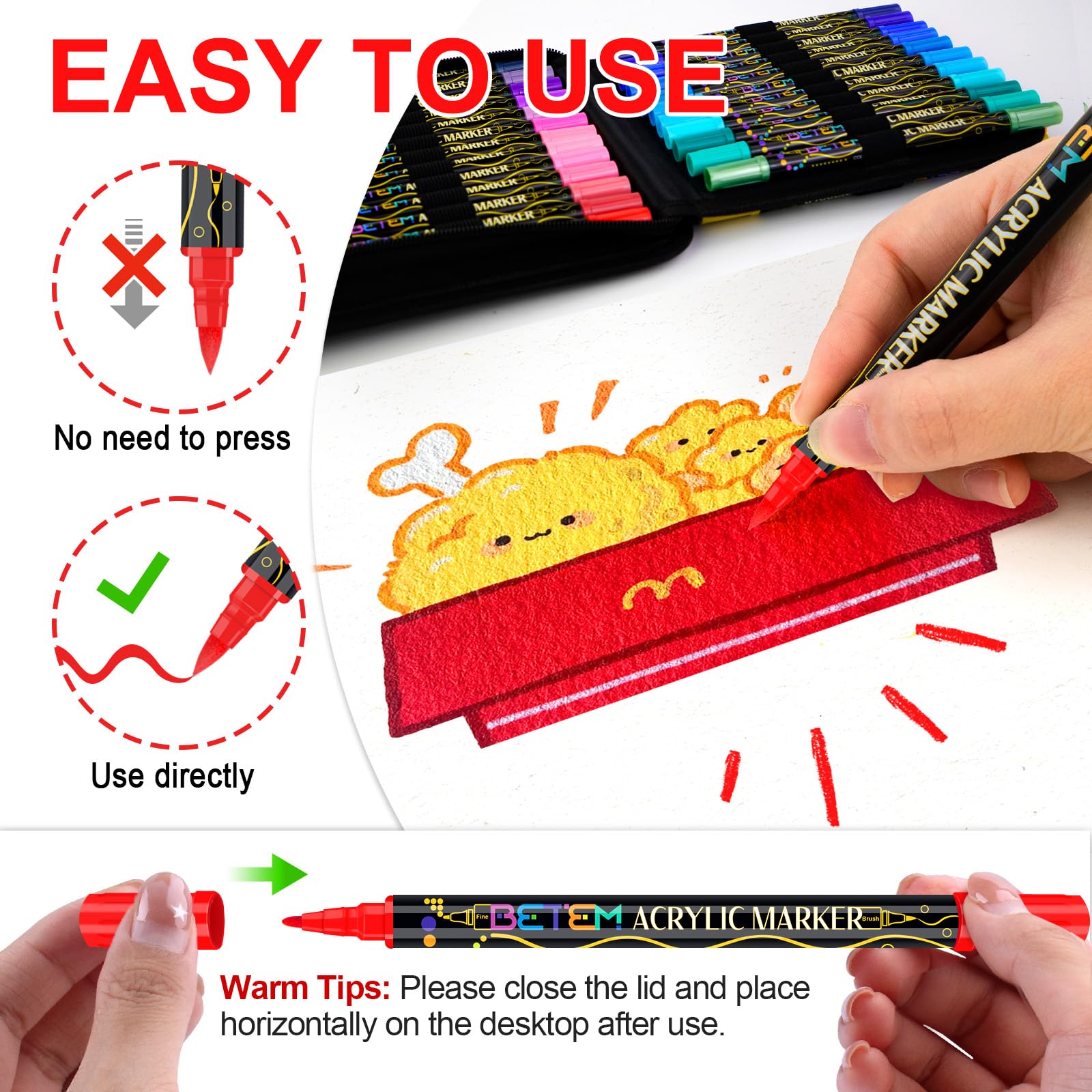 Betem Paint Markers Acrylic Paint Pens, Dual Tip 48 Colors Acrylic Markers with Brush Tip and Fine Point, Art Supplies for Wood, Canvas, Stone, Glass, Rock Painting Kit DIY Crafts Drawing Kit with Bag