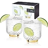 Viski Gatsby Lowball Glasses, Vintage Drinking Tumblers for Whiskey, Scotch & Bourbon, Art Deco Ripple Glassware Arch Design, Gold Plated Base Crystal Drinking Set, Set of 2 , 12oz