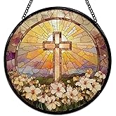 Hiuwevt Cross Suncatcher Stained Glass Window Hanging, Christian Cross Floral Sun Catchers Indoor Window Glass Wall Art Decor, Religious Round Wall Hanging Decorations, 7.9x7.9 inch