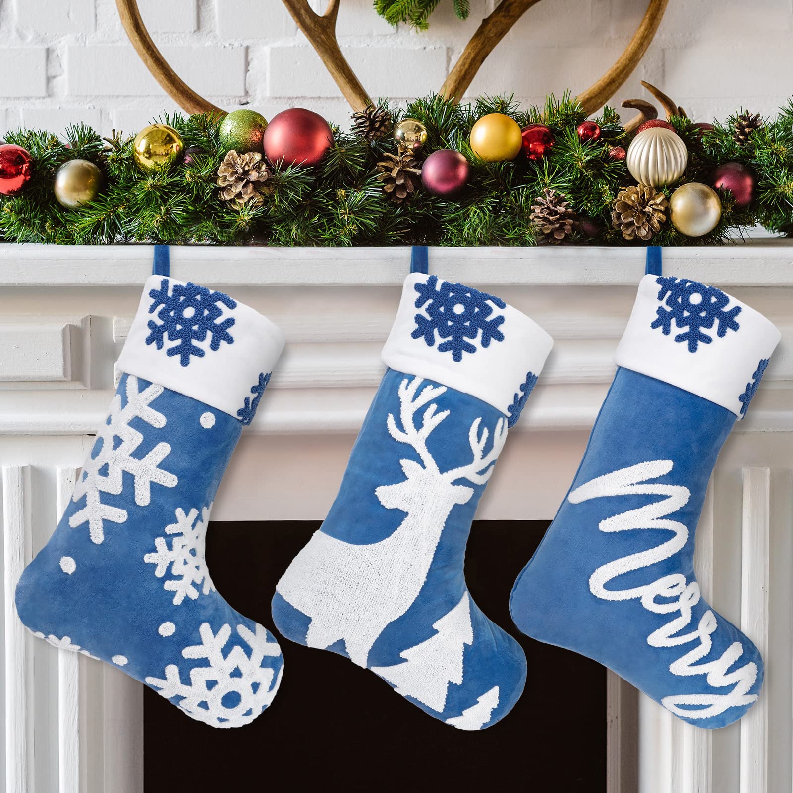 Photo 1 of *MINOR DAMAGE - USED*
Whaline 3Pcs Christmas Stocking 18 Inch Large Blue Hanging Stocking with Faux Fur Cuff Snowflake Reindeer Fireplace Gift Stocking for Kids Family Home Decoration Supplies