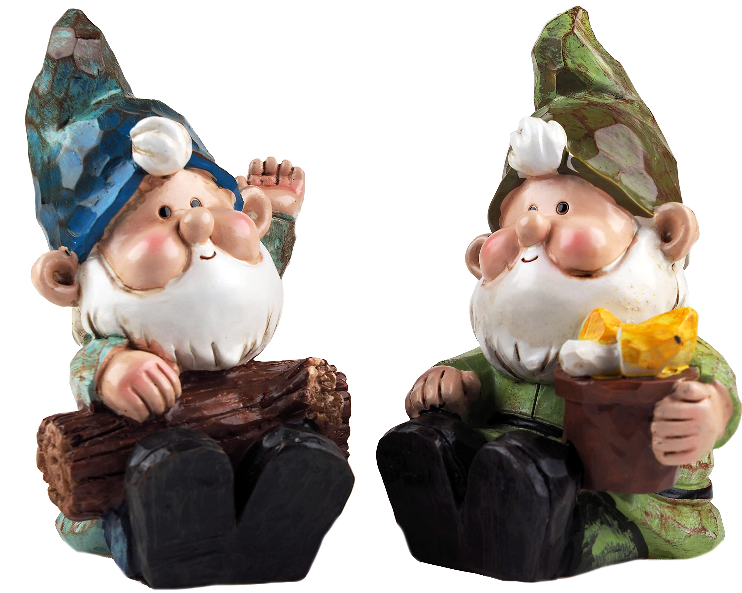 Sitting Garden 17cm Gnome Ornaments With Tools - Blue Green Design (Set of 2)