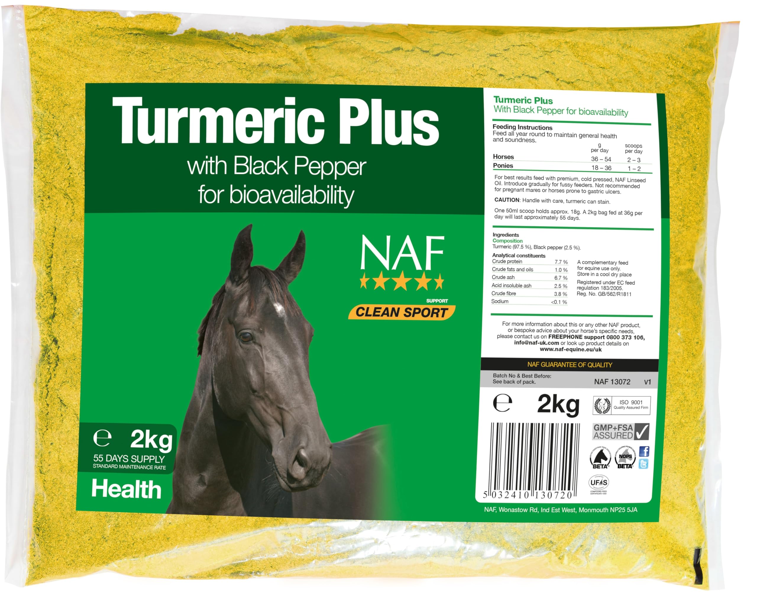 NAF Turmeric Plus for Horses 2kg – Natural Joint, Skin & Digestive Support – With Turmeric, Linseed Oil & Black Pepper – Promotes Comfort, Mobility & General Wellbeing – Easy-to-Feed Supplement