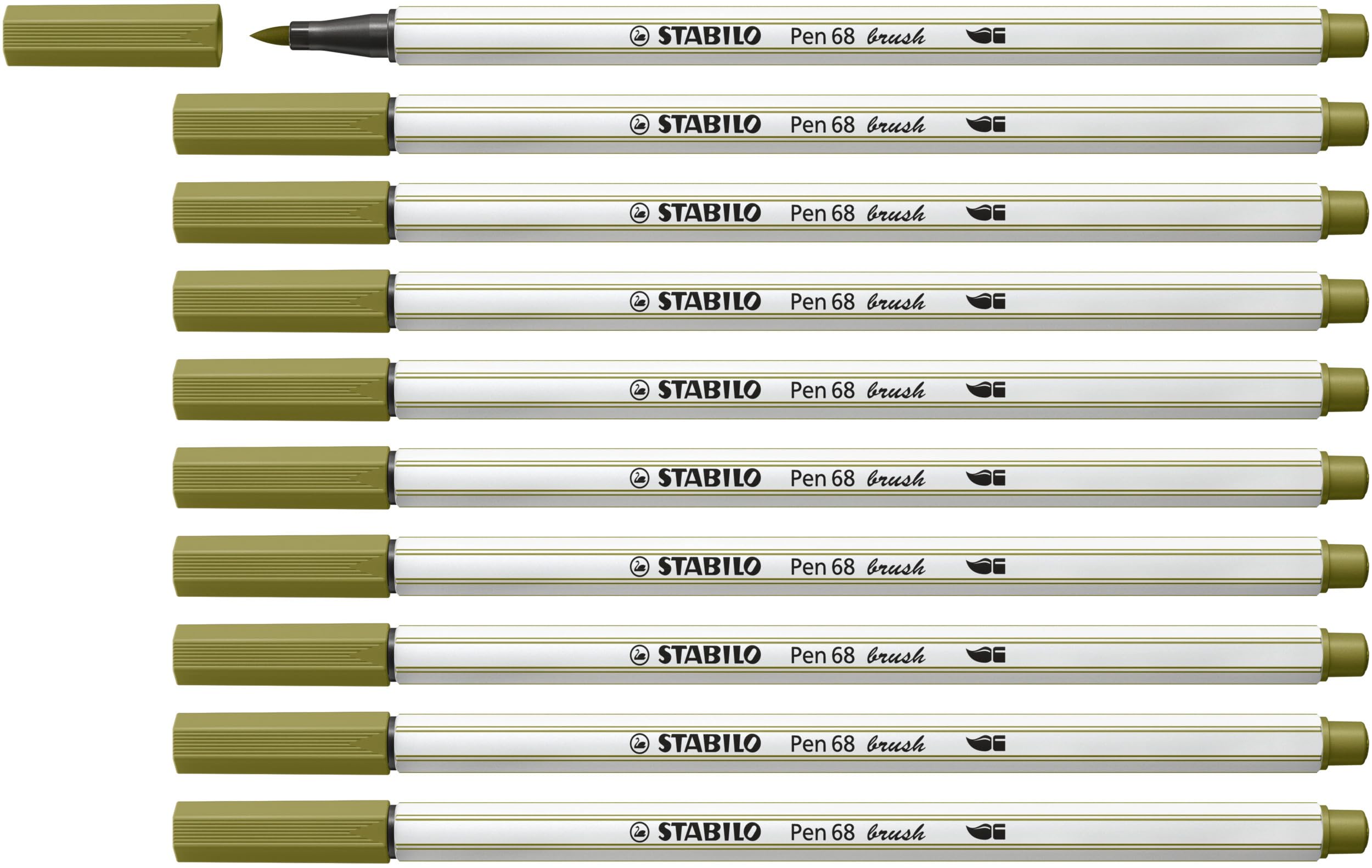 STABILO Pen 68 brush - Premium Fibre-Tip Pen with Brush Tip - Pack of 10 - Mud Green