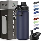 DOMICARE 16 oz Water Bottle Stainless Steel Double Wall Vacuum Insulated Water Bottle with Straw lids & Spout Lid, Leakproof