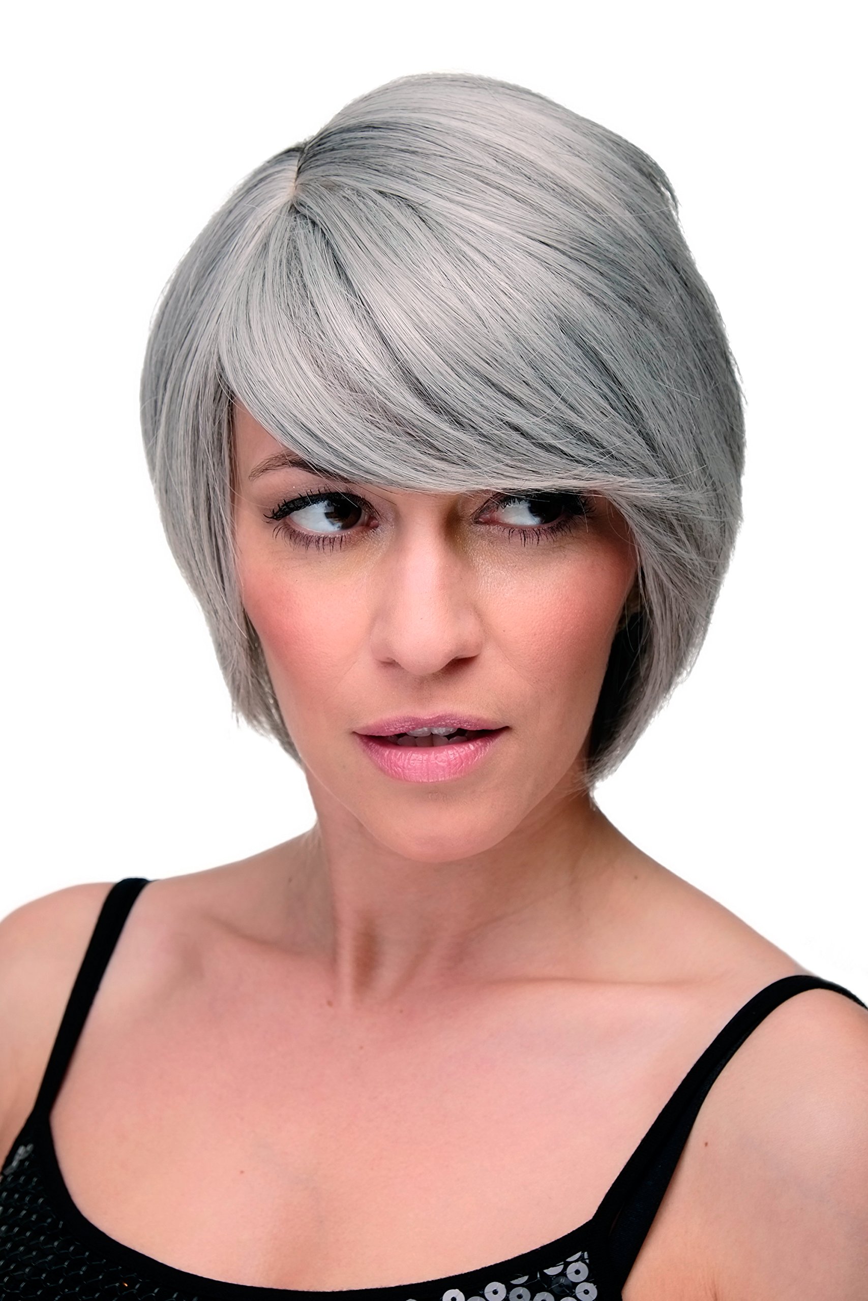 WIG ME UP 6082-51 Lady Wig Cosplay short long bob page side parting (of very long fringe) bright silver grey