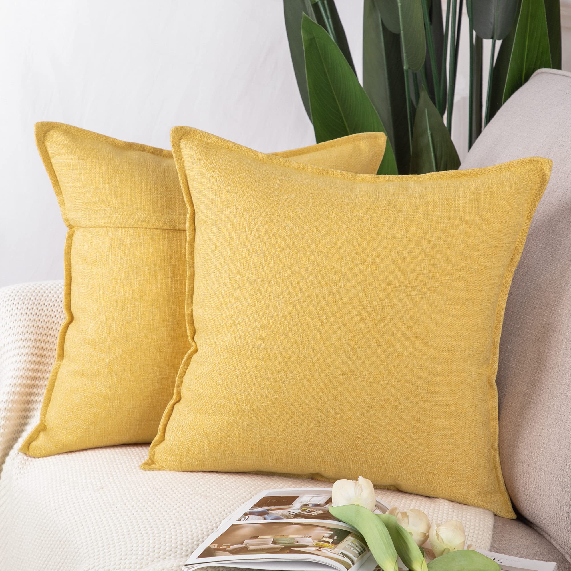 Photo 1 of MADIZZ Set of 2 Linen Throw Pillow Covers 24x24 Inch Yellow Soft Decorative Cushion Cover for Sofa Bedroom Pillow Shell
