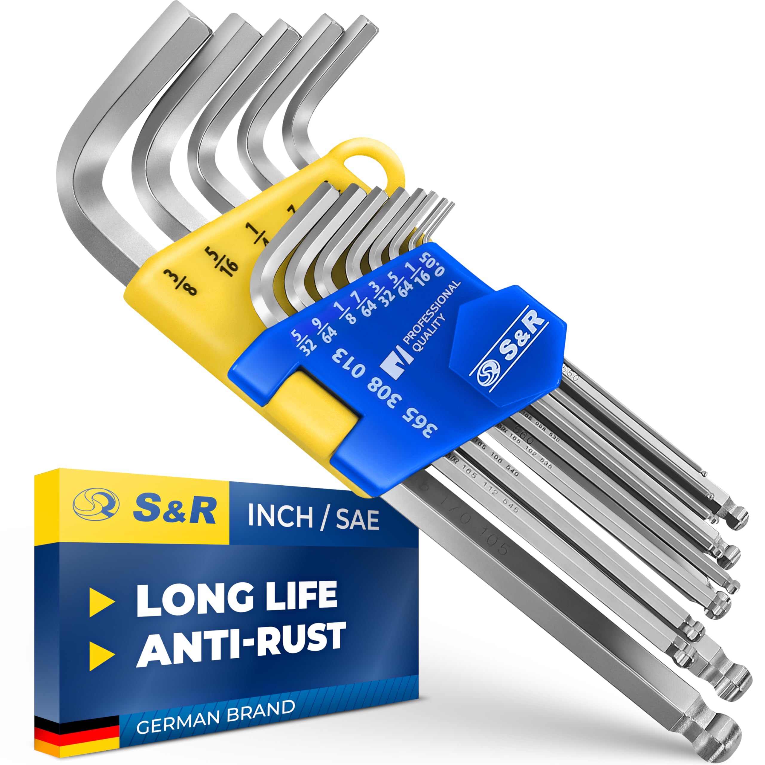 S&R Hex Key Set, 13 pcs – Long Ball End, Imperial Sizes 0.05 to 3/8 Inch, Cr-V Steel, Corrosion-Resistant, in Compact Plastic Clip