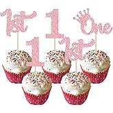 24Pcs One Cupcake Toppers Glitter 1st Birthday Cupcake Pick Decorations for Baby Shower First Birthday Party Cake Decorations Supplies Pink