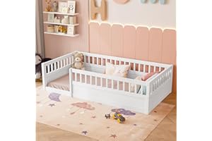 ROCKINGRUN Montessori Floor Bed with Heightened Safety Guardrails, Twin Size Solid Pine Wood Floor Bed Frame with Rails for Girls, Boys, Teens, Child Bedroom, Kids Playroom, No Slats Included (White)