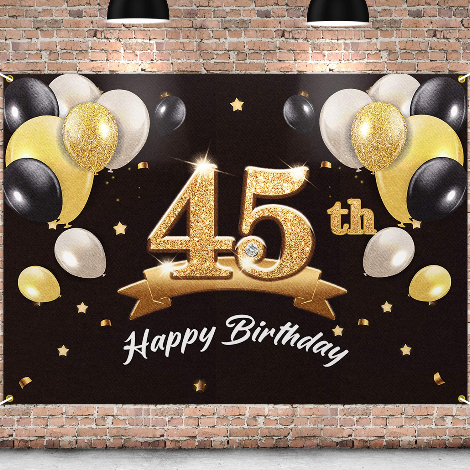 PAKBOOM Happy 45th Birthday Banner Backdrop - 45 Birthday Party Decorations Supplies for Men - Black Gold 4 x 6ft