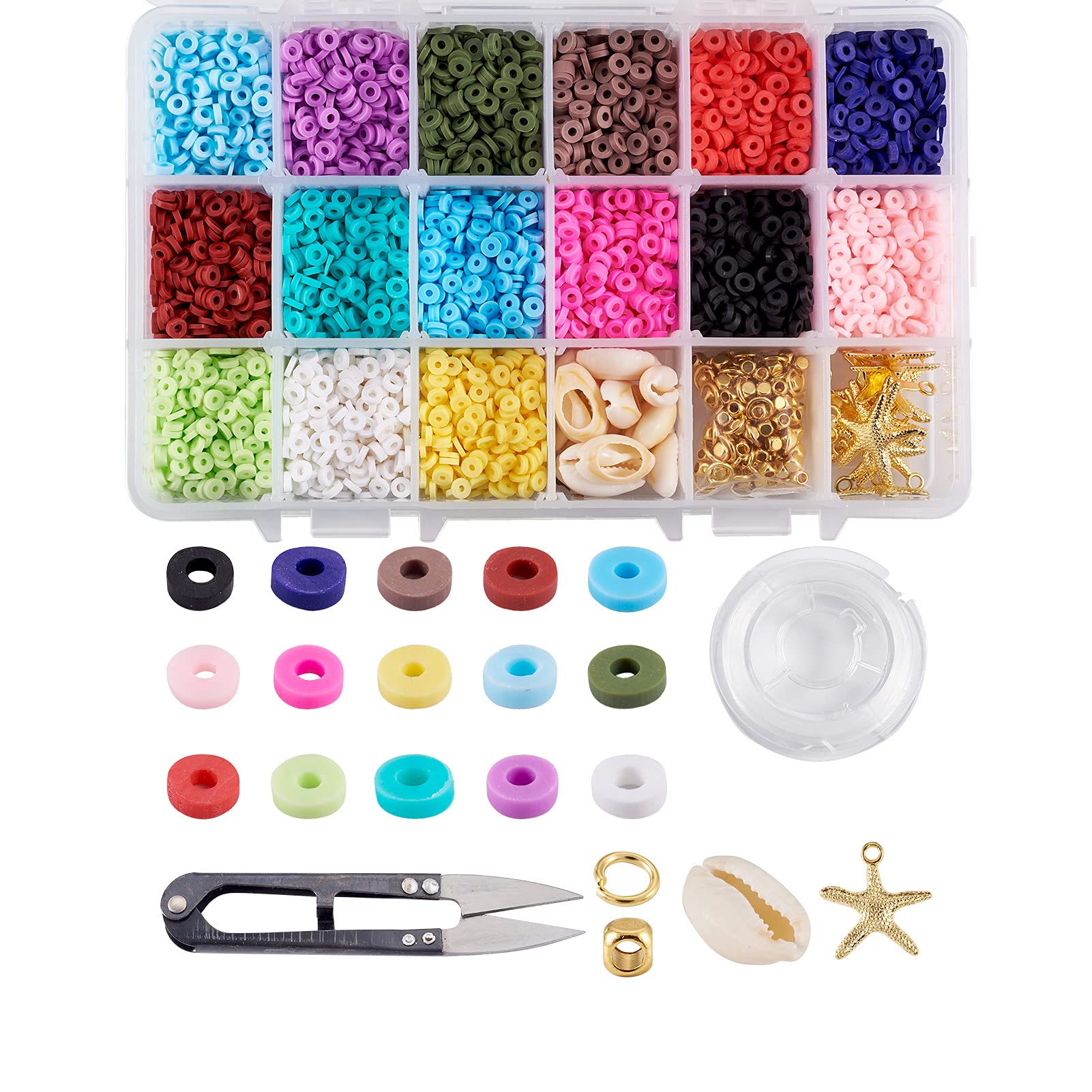 PandaHall 5700~6000pcs 4mm Flat Round Polymer Clay Heishi Beads Sets with Shell Beads & Starfish Pendants & Spacer Beads & Jump Rings & Elastic Beading Thread & Scissor for DIY Jewelry Making