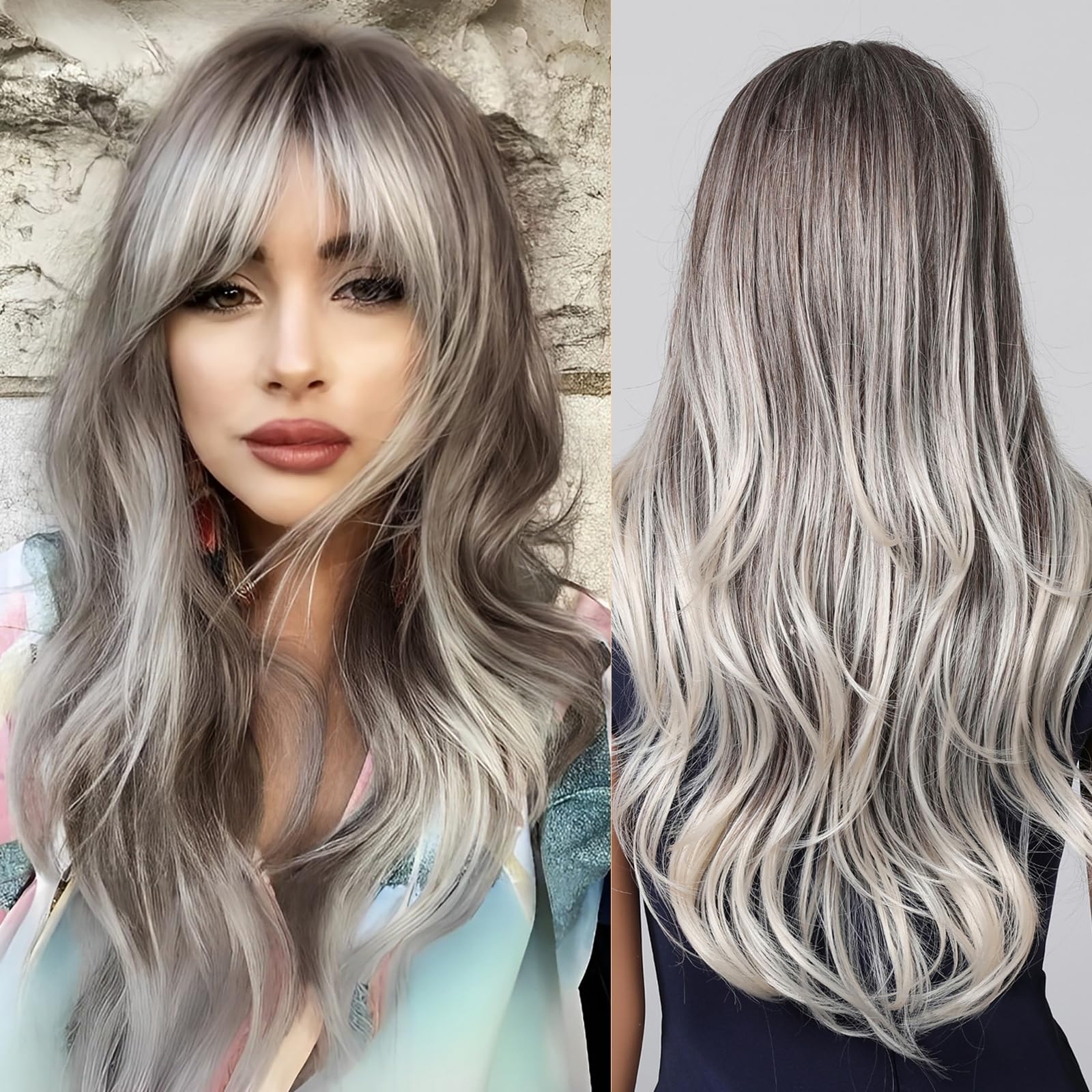 Testar Long Wavy Silver Grey Wig With Bangs - Heat Resistant Synthetic Fiber Wig for Daily Party Cosplay - 26IN (Brown Grey Ombre)