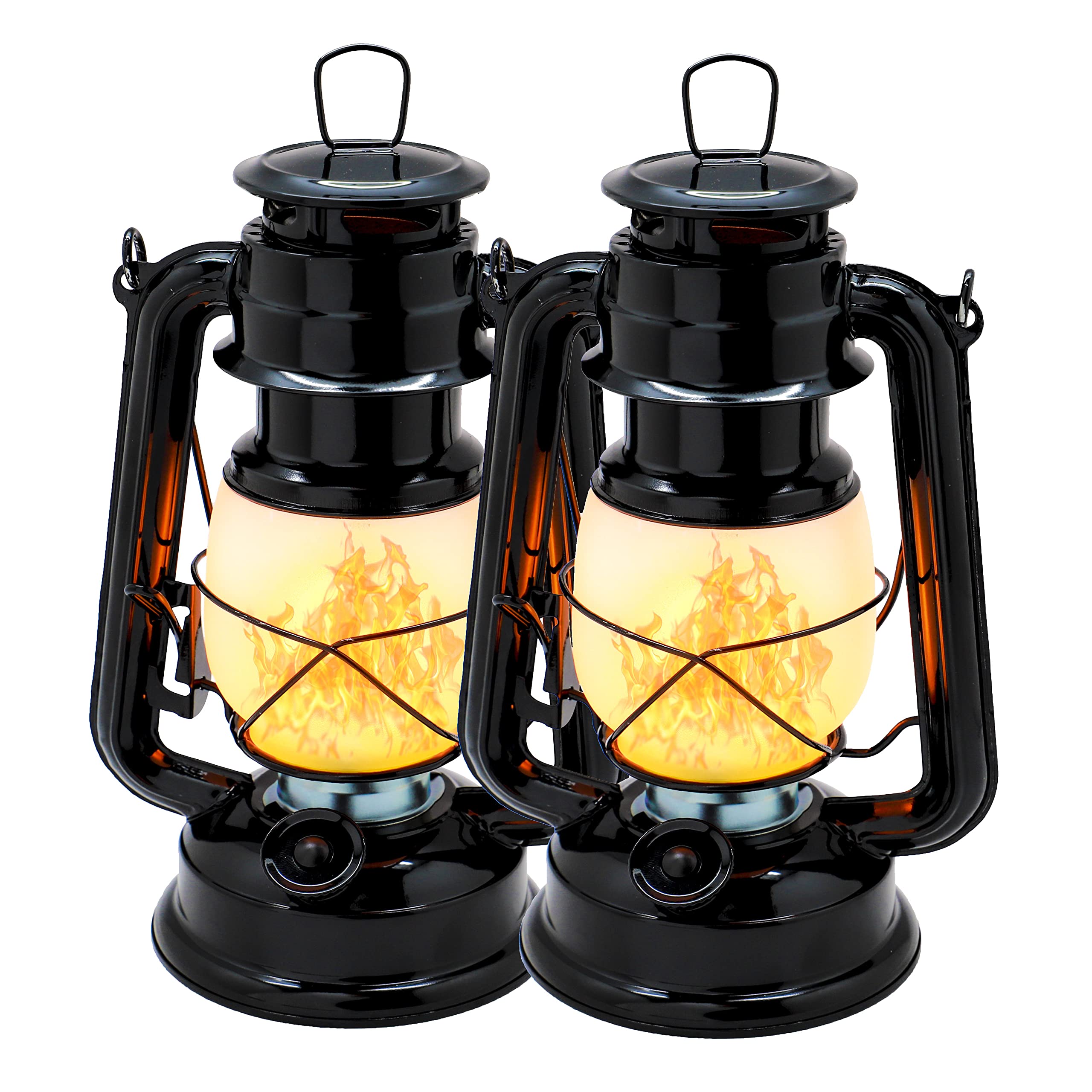 Photo 1 of (one is not functional) YAKii LED Vintage Flame Lantern Metal Outdoor Hanging Lantern with Dancing Flame Battery Operated Halloween Outdoor Indoor Decoration(Black Pack of 2)