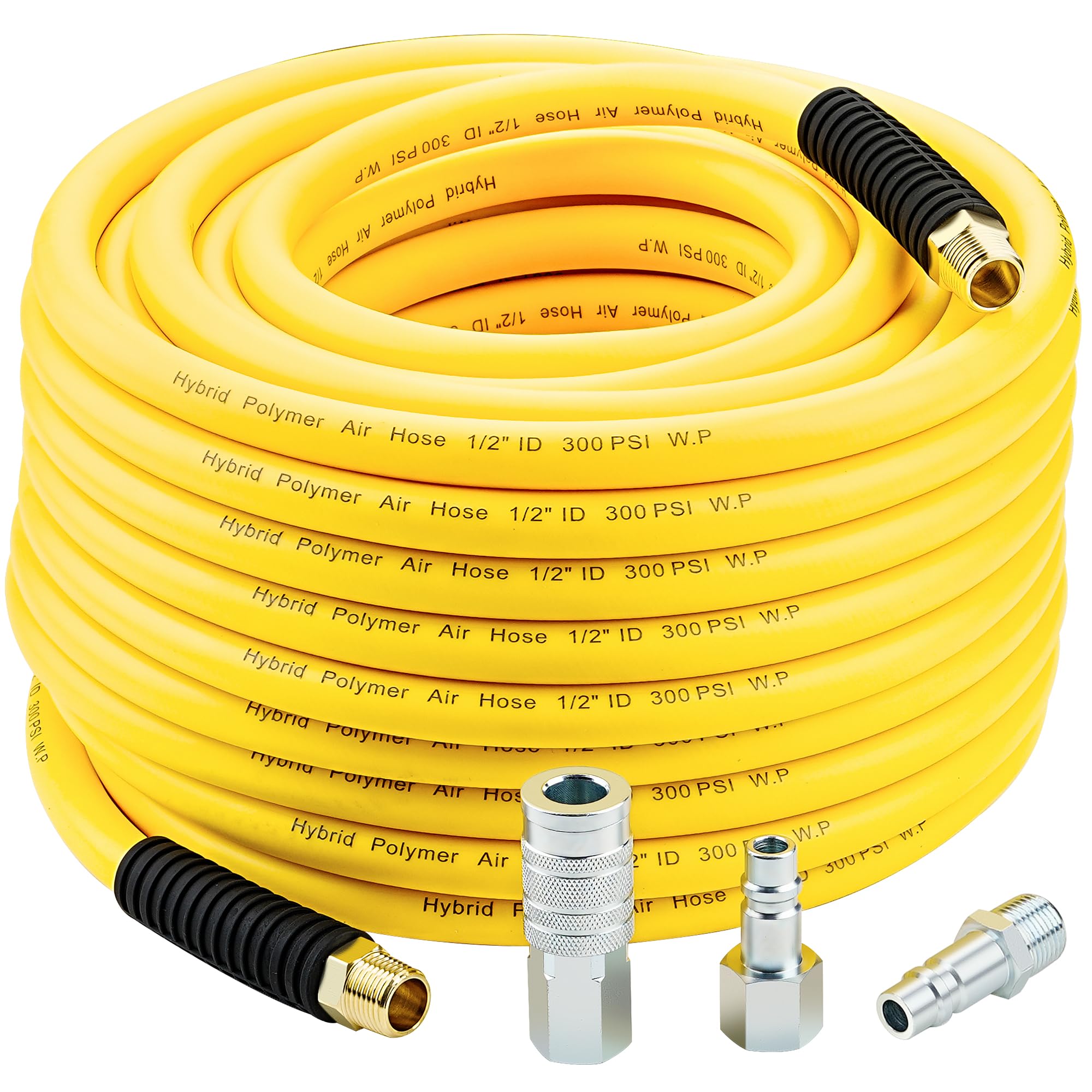 Photo 1 of 1/2 Inch x 100ft. Hybrid Air Hose with 1/2 in. MNPT Ends and Bend Restrictors, 3PCS 1/2” Air Coupler and Plug Kit, Air Compressor Hose Fittings and Accessories