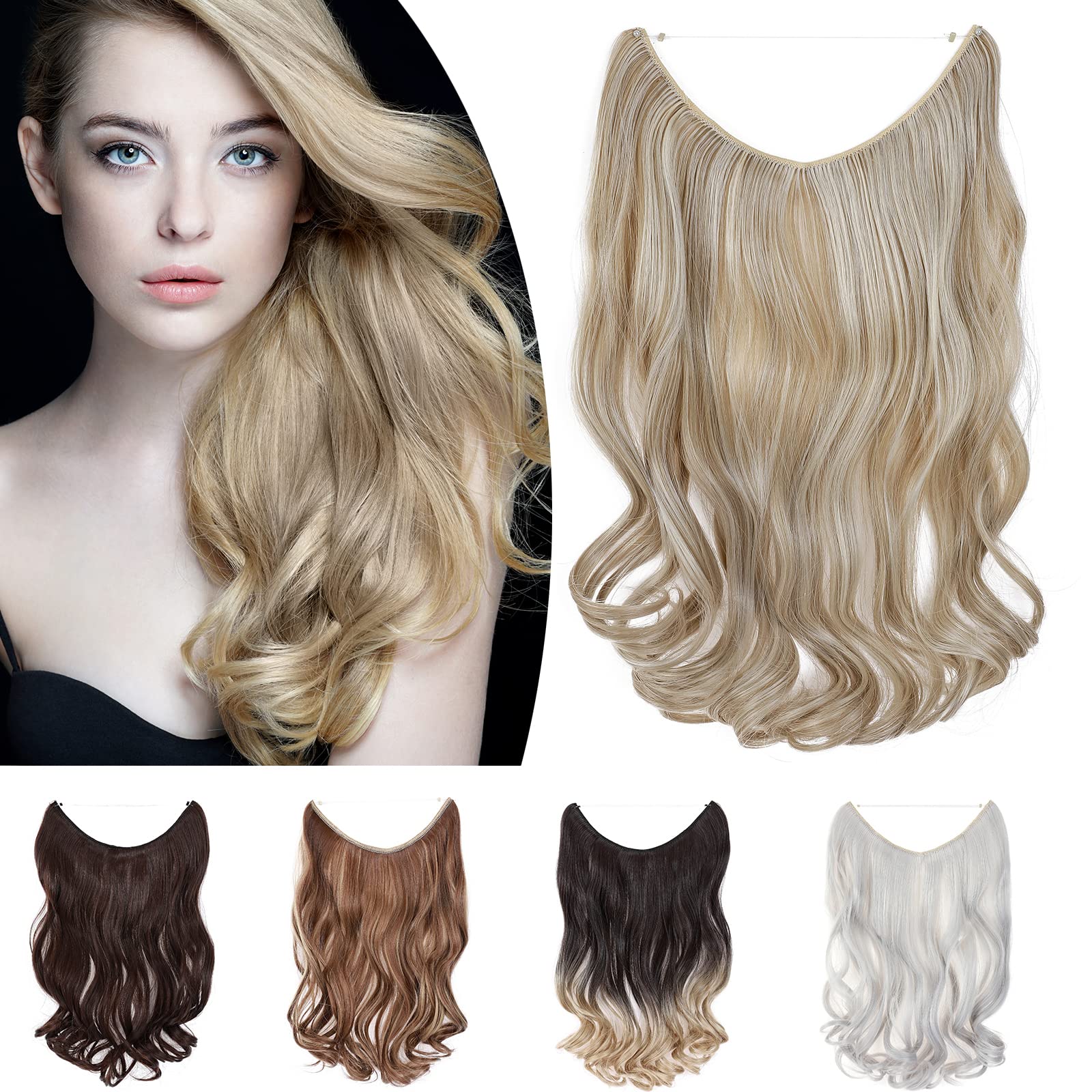 One Piece Wire In Hairpieces Matte Material Invisible Hair Extension Synthetic Wavy For Women Beauty, 20 Inch, Sandy Blonde & Bleach Blonde