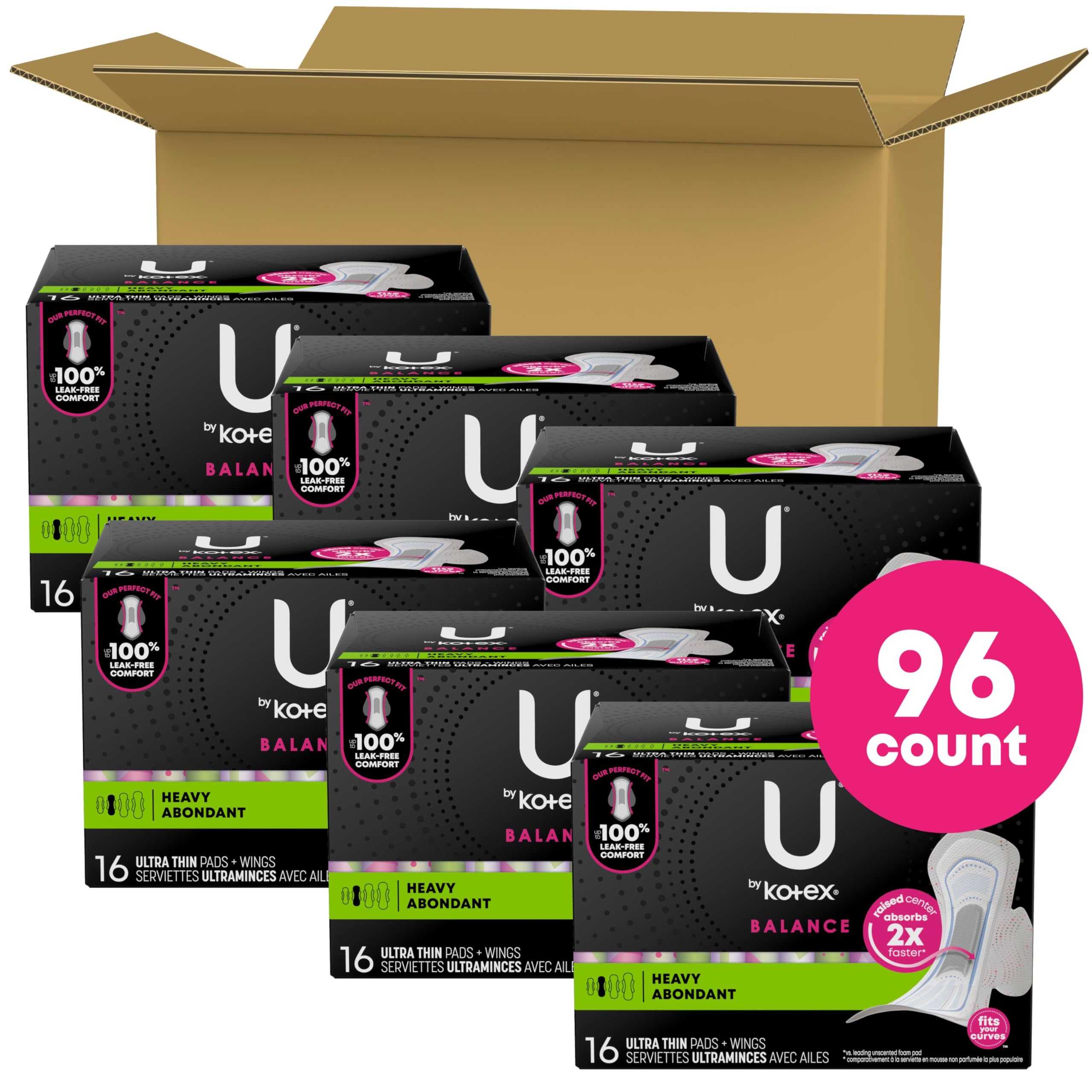 U by Kotex Balance Ultra Thin Pads with Wings, Heavy Absorbency, 96 Count (6 packs of 16) (Packaging May Vary)