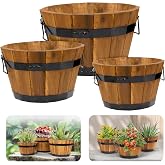 Idzo Set of 3 Wooden Flower Boxes Outdoor, Durable Acacia Wood Barrel Planters for Outdoor Plants with Ergonomic Handles, Drainage Holes, Multiple Sizes Wood Bucket Planter Light Brown