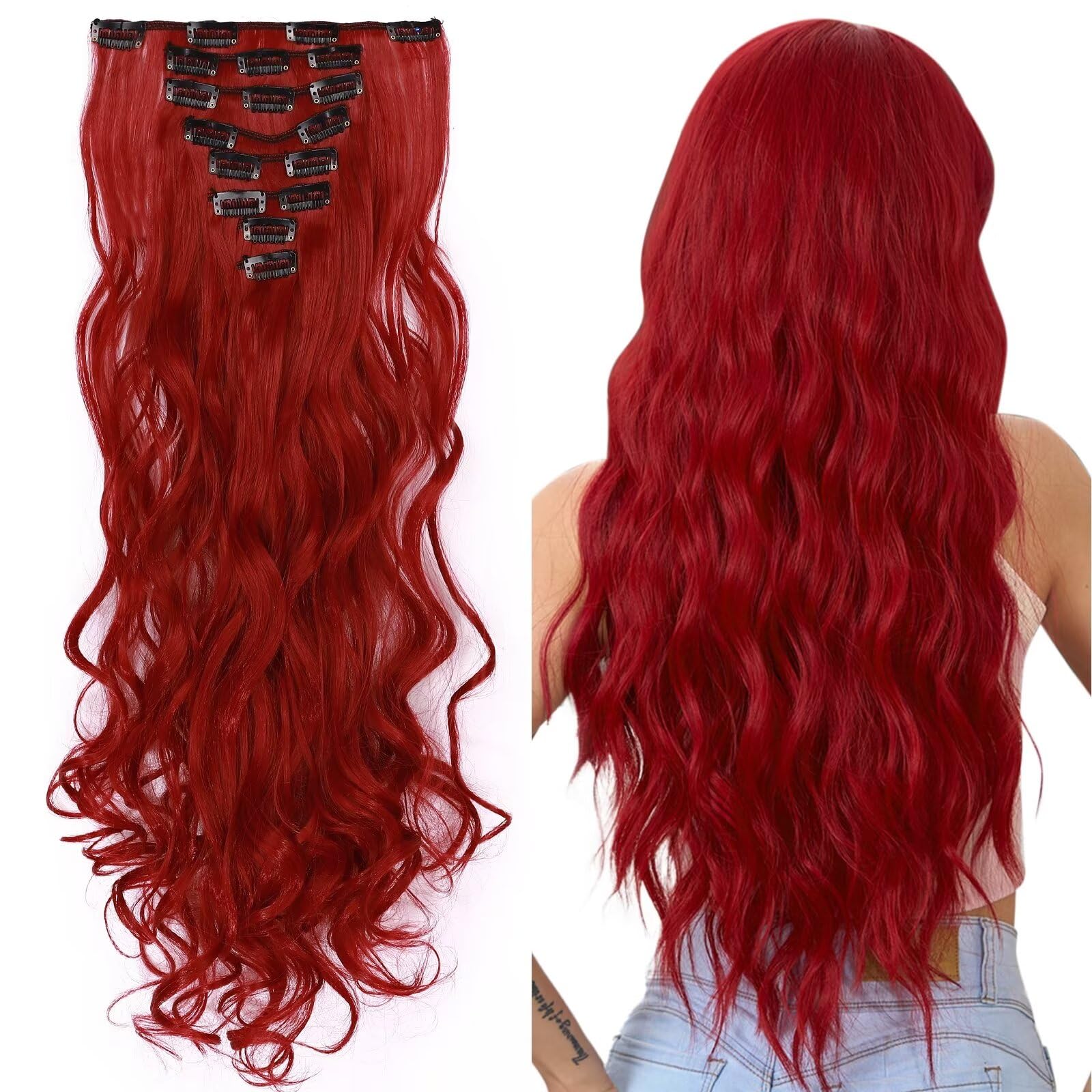 Dark Red Hair Extensions Clip in Long Curly Ombre Extension Hairpiece 24inch Full Head 8 Pieces 18 Clips