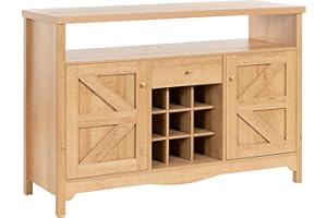 VDNEND 45.7” Wine Cabinet，Farmhouse Home Coffee Bar Sideboard Buffet Cabinet Liquor Storage with 9 Wine Racks & 2 Doors for Kitchen, Living and Dining Room (1, Natural Oak)