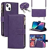 Jaorty for iPhone 13/14 Phone Case Wallet for Women Men with Card Holder,for iPhone 14 Crossbody Case with Strap Shoulder Lanyard, Zipper Pocket PU Leather Cases Purse for iPhone 13,6.1 Inch Purple