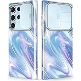 GVIEWIN for Samsung Galaxy S23 Ultra Case with Slide Camera Cover, [Military Grade Drop Protection] Slim Marble Design Best Shockproof Protective Phone Case Fit S23 Ultra 5G 6.8" (Aurora/Azure Blue)