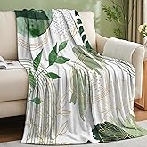 Pdvbiee Sage Green Leaf Twin Blanket Mid-Century Green and Gold Boho Flannel Blankets for Bed Living Room Sofa, Decorative Patterned Super Soft Cozy, 60x80 in