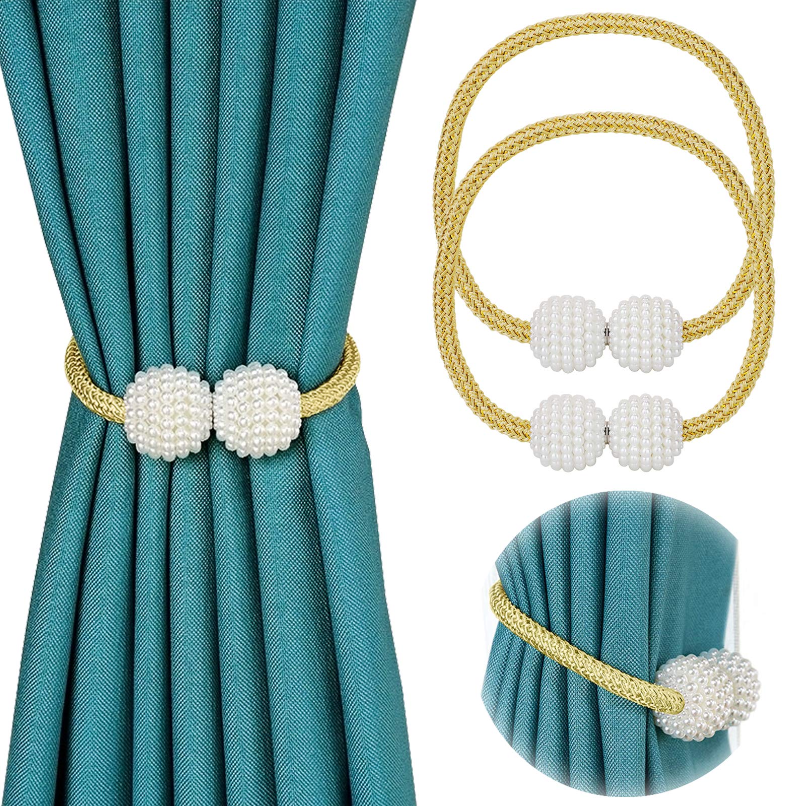 Pinowu Magnetic Curtain Tiebacks for Window Décor (2 Pack) - Weave Rope Clips Drapery Pearl Holdbacks for Home Kitchen Office Window Sheer Blackout (Gold)