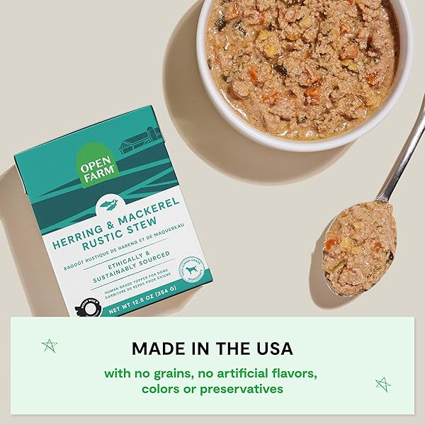 OPEN FARM RUSTIC STEWS WET DOG FOOD, GRAIN-FREE, COMPLETE & BALANCED WITH HUMAN-GRADE INGREDIENTS, HUMANELY-RAISED MEAT & BONE BROTH, HERRING & MACKEREL RECIPE, 12.5OZ PACKS (CASE OF 12)