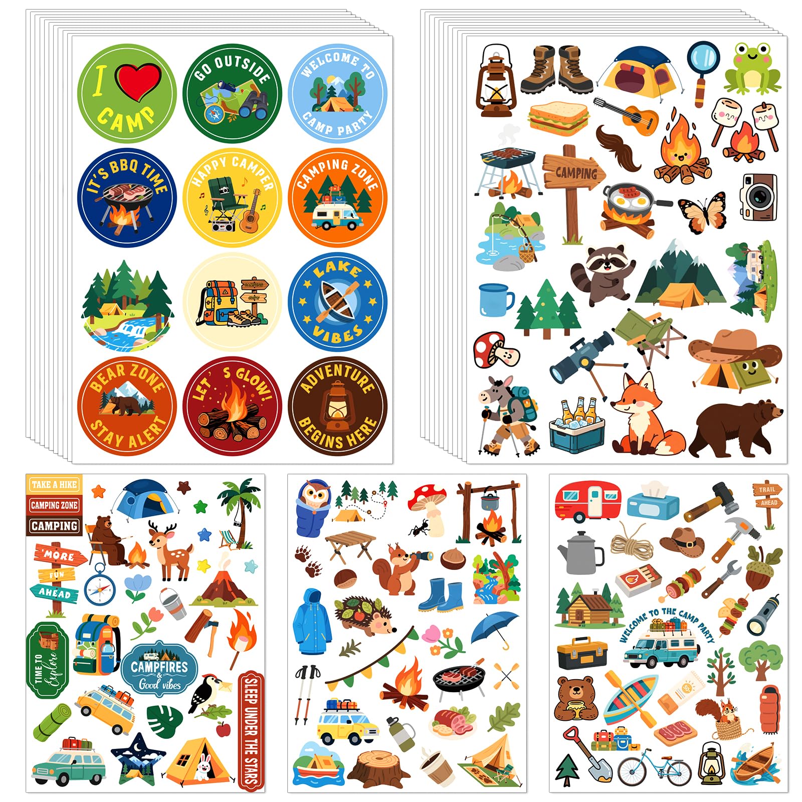 Photo 1 of 840Pcs Travel Camping Stickers Kit 40Sheet Self-Adhesive Cartoon Stickers Bulk Outdoor Adventure Themed Decals for Birthday Gifts Bag Camping Party Favors Supplies Activity Class Rewards