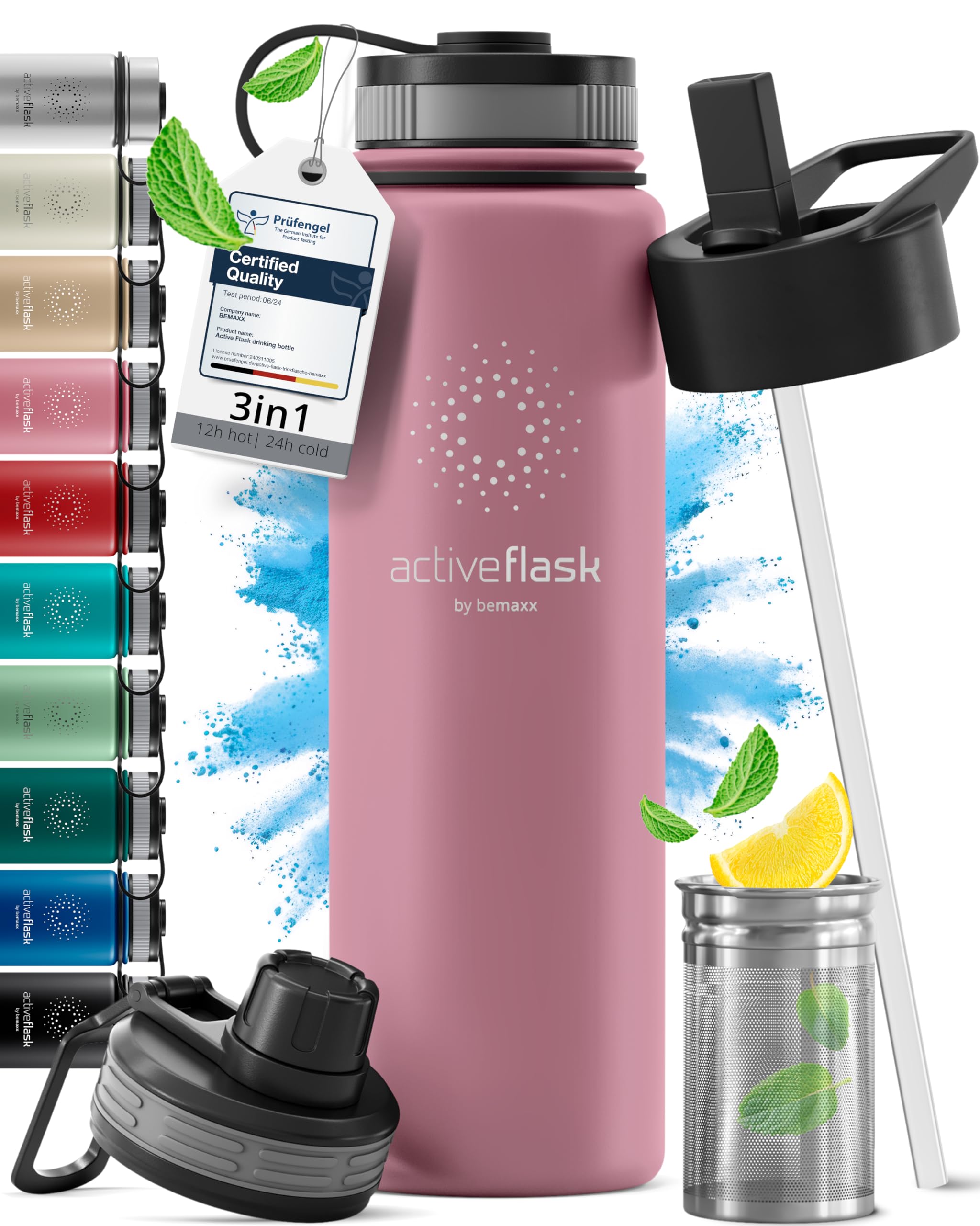 Stainless Steel Water Bottle with Straw & 3 Lids: 1 & 0,5L Leak-Proof BPA-Free Vacuum Insulated ACTIVE FLASK Drinking Bottles Hot Cold: Double Walled Outdoor Drink Thermo Mug Tea Coffee Sport Gym Bike