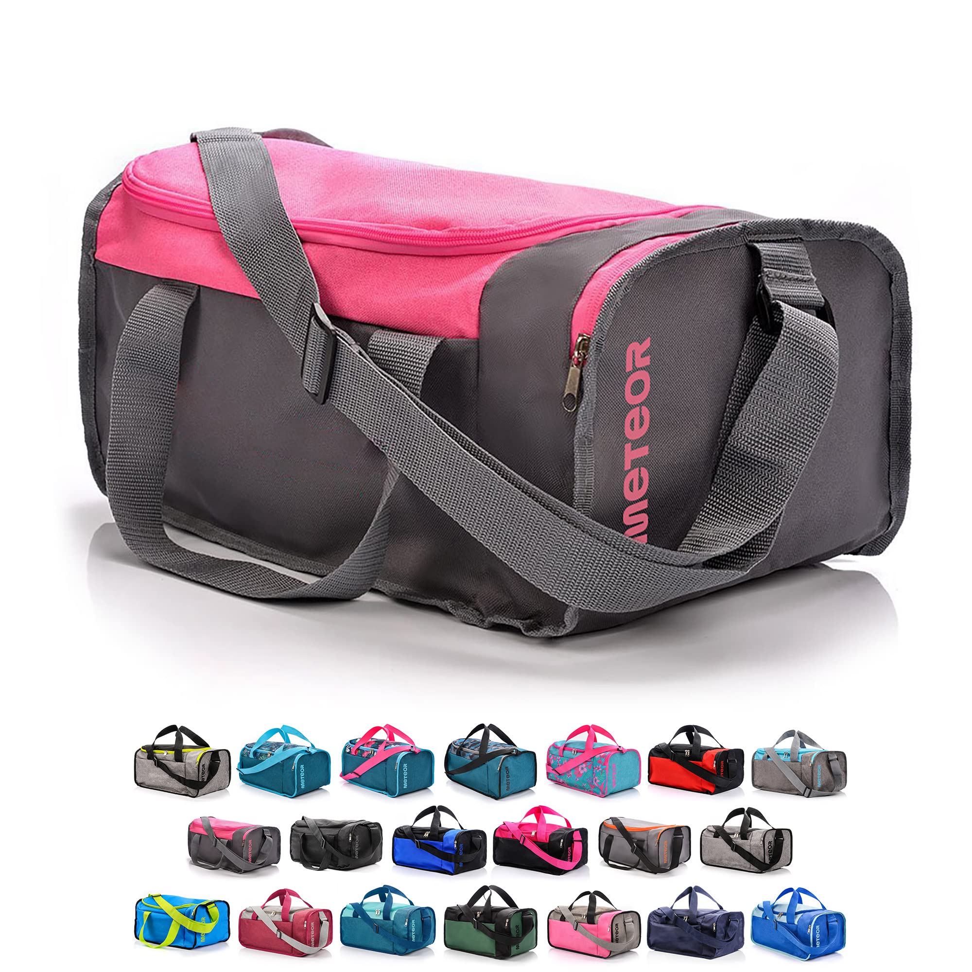 meteor Gym Bag Womens & Mens 20l - Lightweight Sports Holdall with Shoe Compartment & Shoulder Strap - Unisex Travel Duffel - Underseat Cabin Luggage for Weekend or Overnight Trip, Pink/Grey