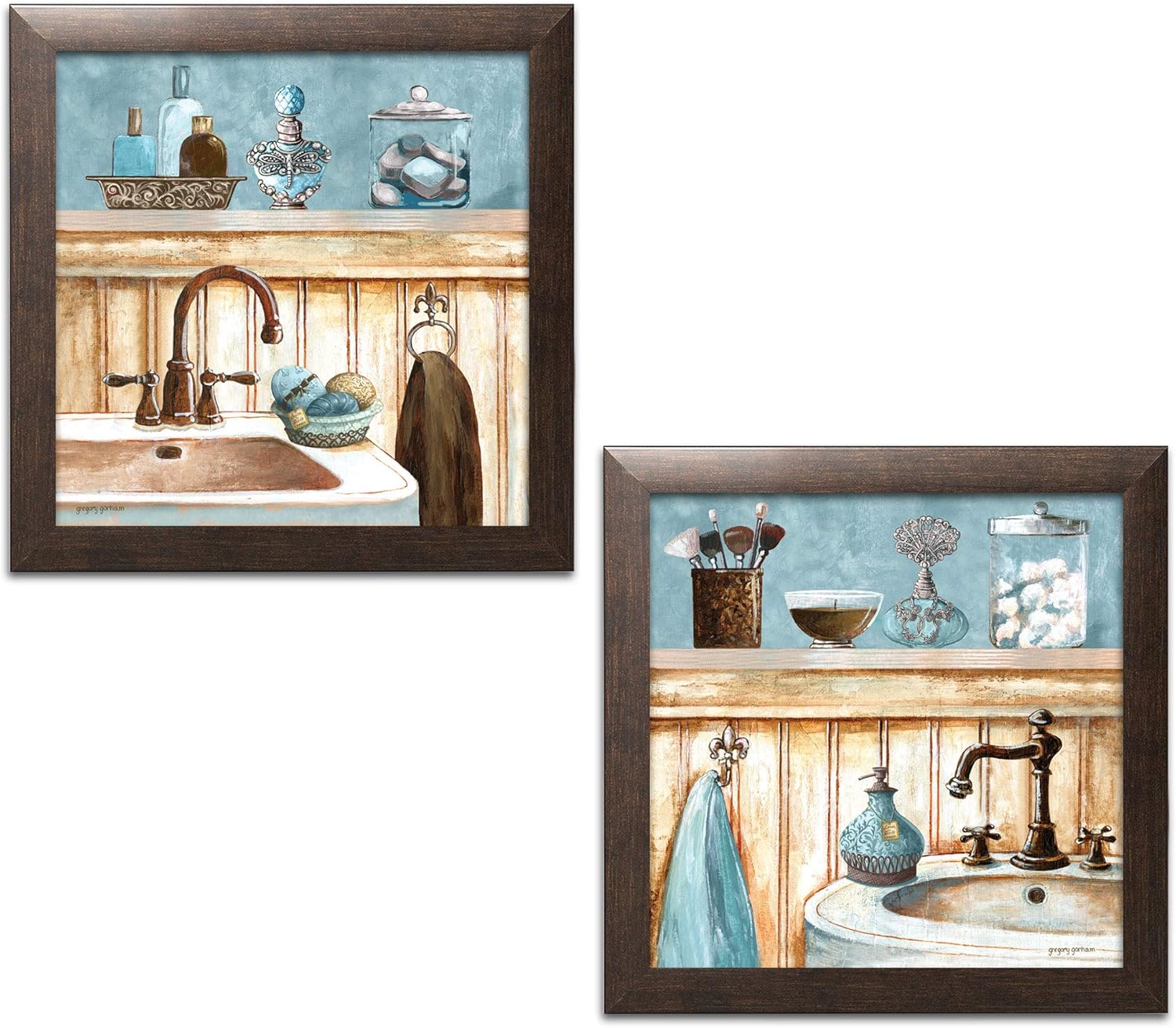 Amazon Com Gango Home Decor Powder Blue Bathroom Still Life Scenes Two 12x12in Brown Framed Prints Ready To Hang Posters Prints