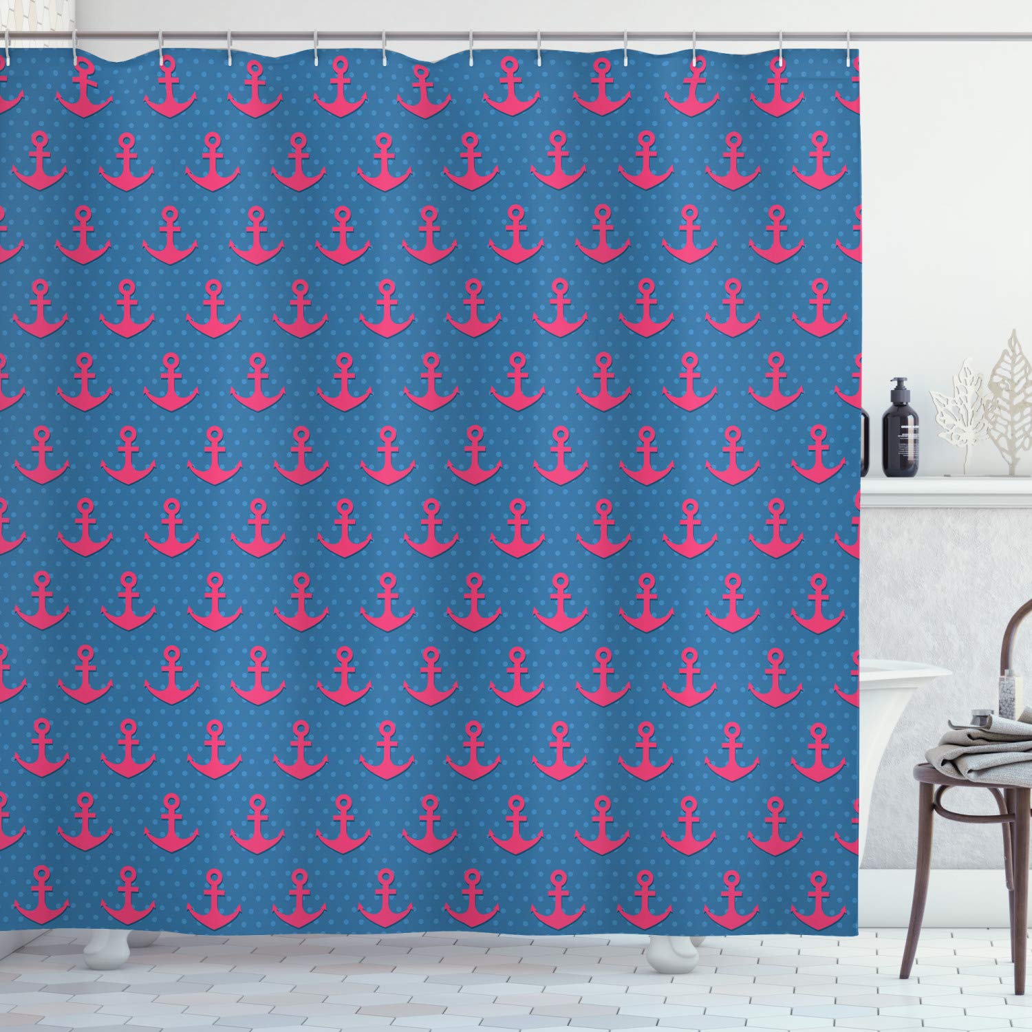 ABAKUHAUS Anchor Shower Curtain, Pink on Blue Polka Dotted Background Retro Nautical Pattern Print, Cloth Fabric Bathroom Decor Set with Hooks, 70 Inches, Magenta Violet Blue